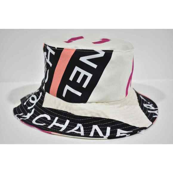 Chanel 22S Black White Pink Beige Fabric CC Logo Sun Cloche Bucket Hat Medium M main image 9